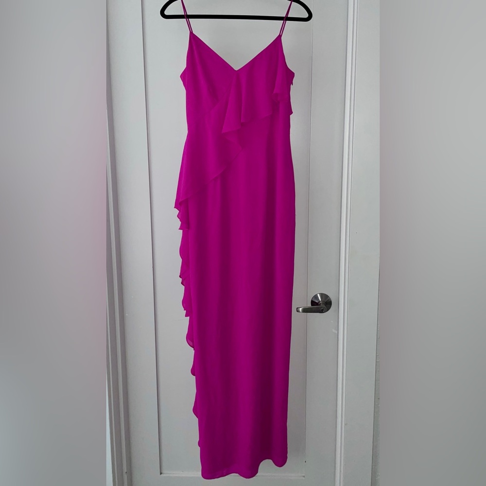 NWOT Vince Camuto fuchsia Cascade Ruffle maxi gown dress
